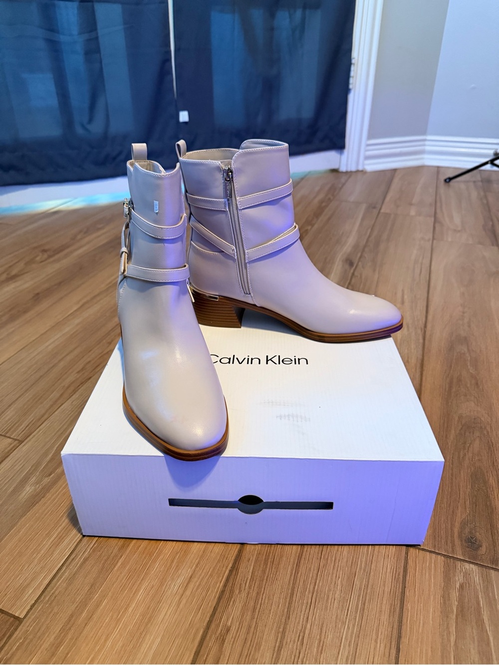 Calvin Klein Pale Cream Leather Ankle Booties with Strap Detail